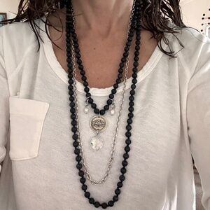 Black and silver layered necklace with crystal and silver charms